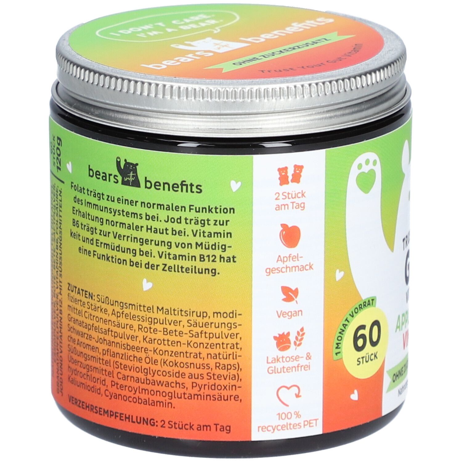 Rückseite der Dose. Zutatenliste und Verzehrempfehlung. 2 Stück pro Tag. 60 Stück. Apfelgeschmack. Vegan.