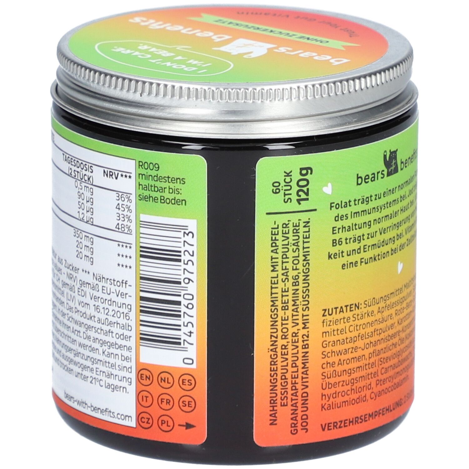 Dose mit Nährwertangaben und Mindesthaltbarkeitsdatum. 60 Stück. 120g. Mehrsprachige Kennzeichnungen.
