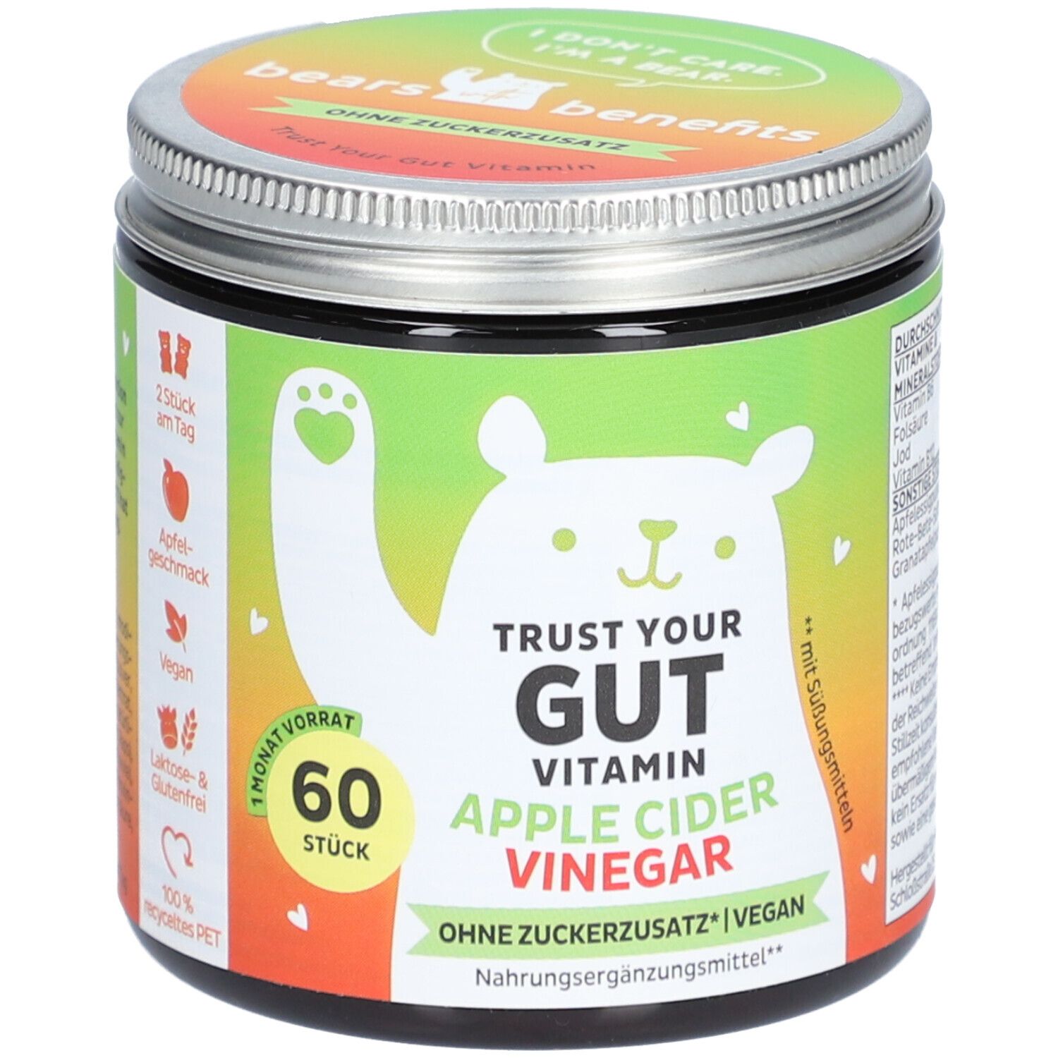 Vorderseite der Dose. Produktname: Trust Your Gut Vitamin Apple Cider Vinegar. 60 Stück. Ohne Zuckerzusatz, vegan.