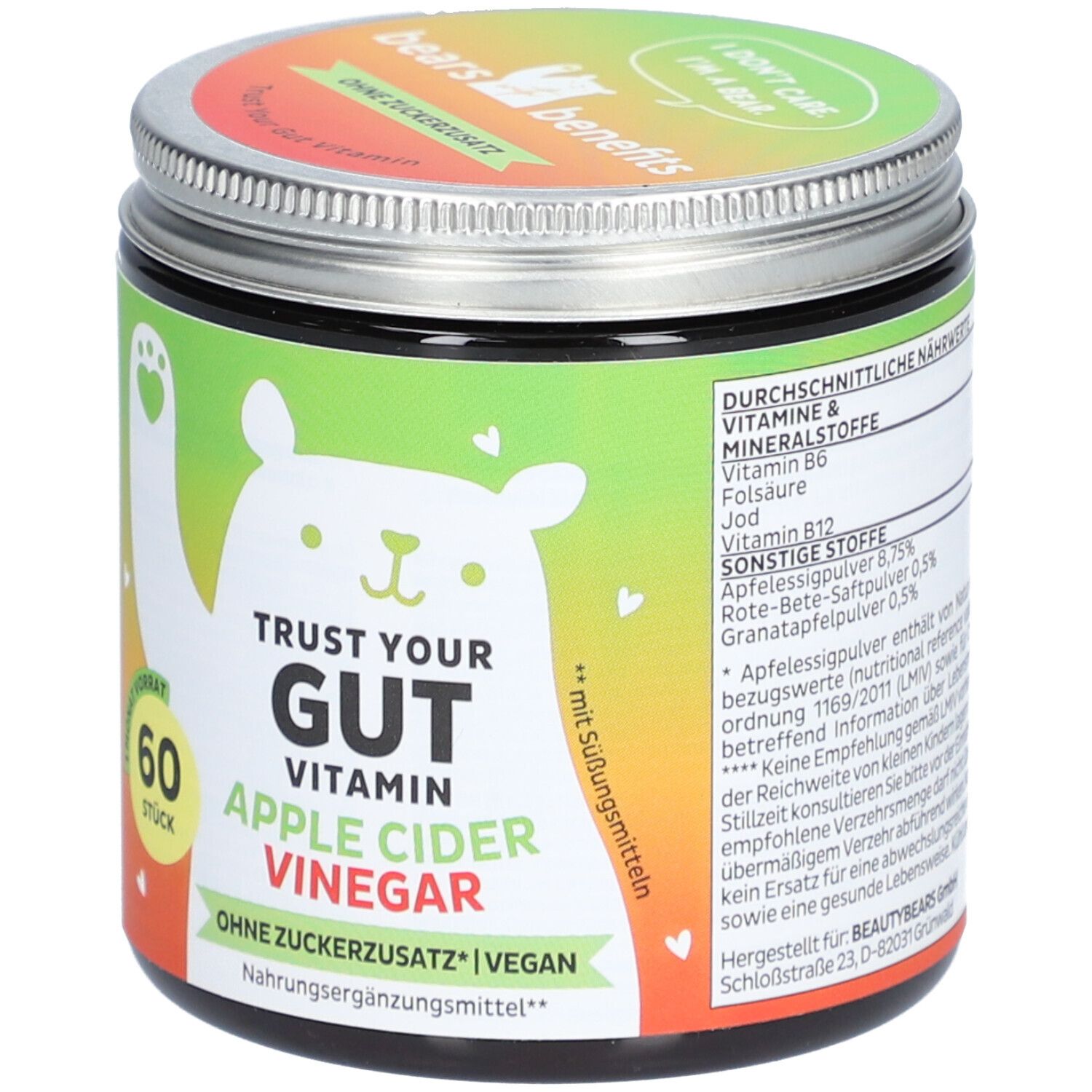 Dose mit Produktinformationen. Durchschnittliche Nährwerte. 60 Stück. Ohne Zuckerzusatz, vegan. Bär-Illustration.