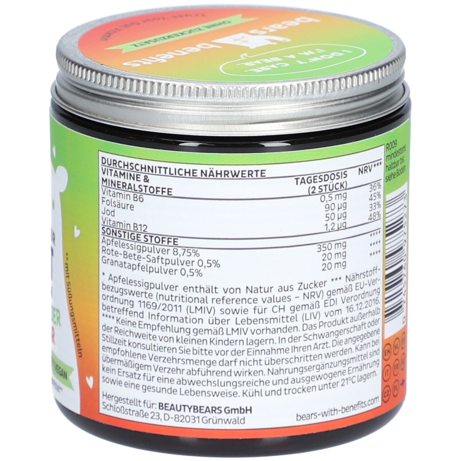 Rückseite der Dose. Nährwertangaben, Inhaltsstoffe, Herstellerinformationen. 60 Stück. Vegan.