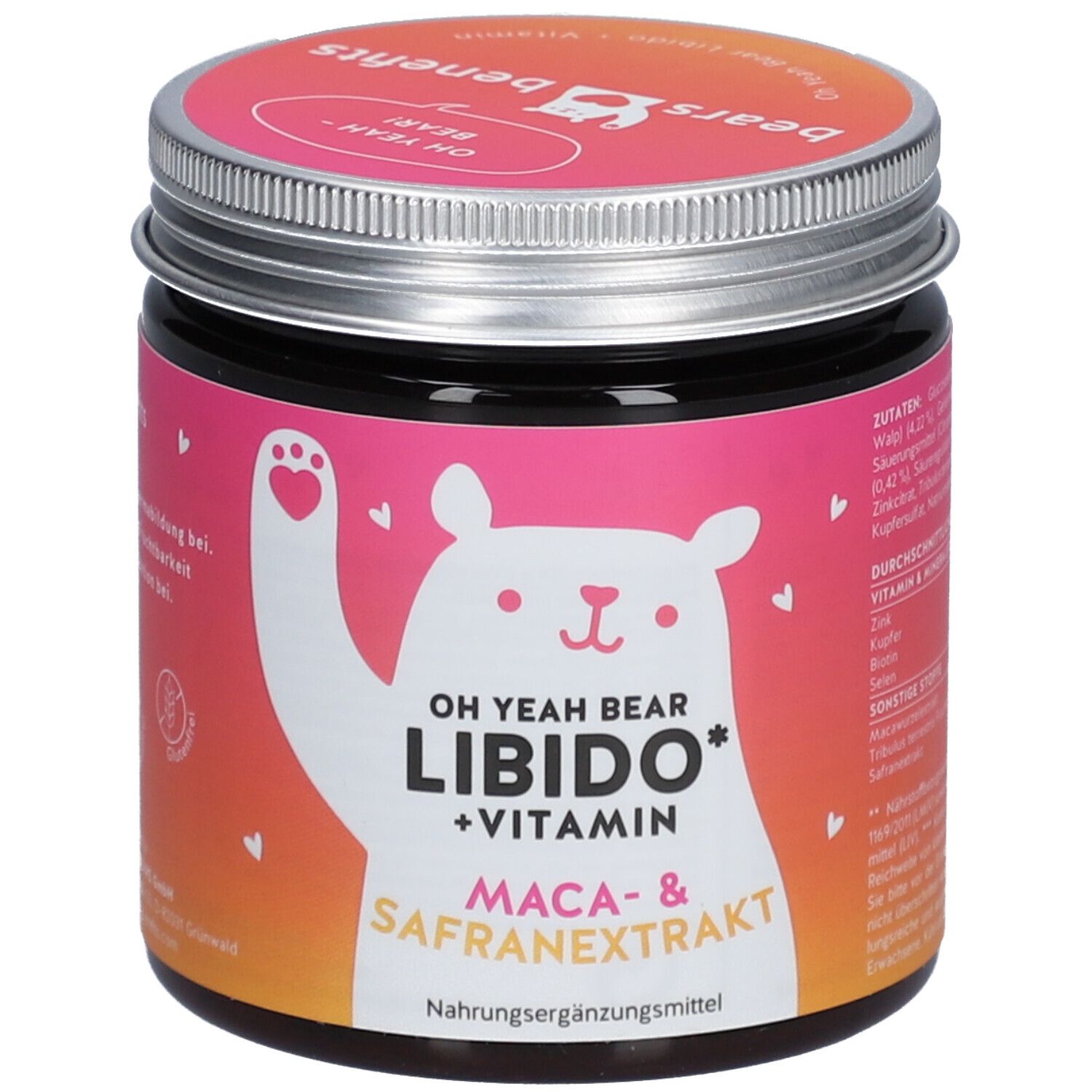 Dose mit rosa Etikett. Aufschrift: OH YEAH BEAR LIBIDO + VITAMIN. Enthält Maca- & Safranextrakt. Nahrungsergänzungsmittel.