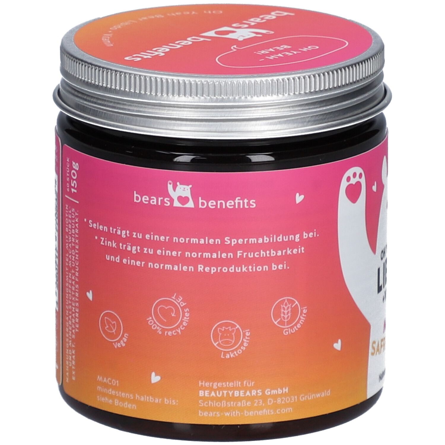 Rückseite der Dose. Text: bears benefits. Enthält Zink, trägt zur normalen Spermienbildung bei. Vegan, glutenfrei, 100% recycelt.