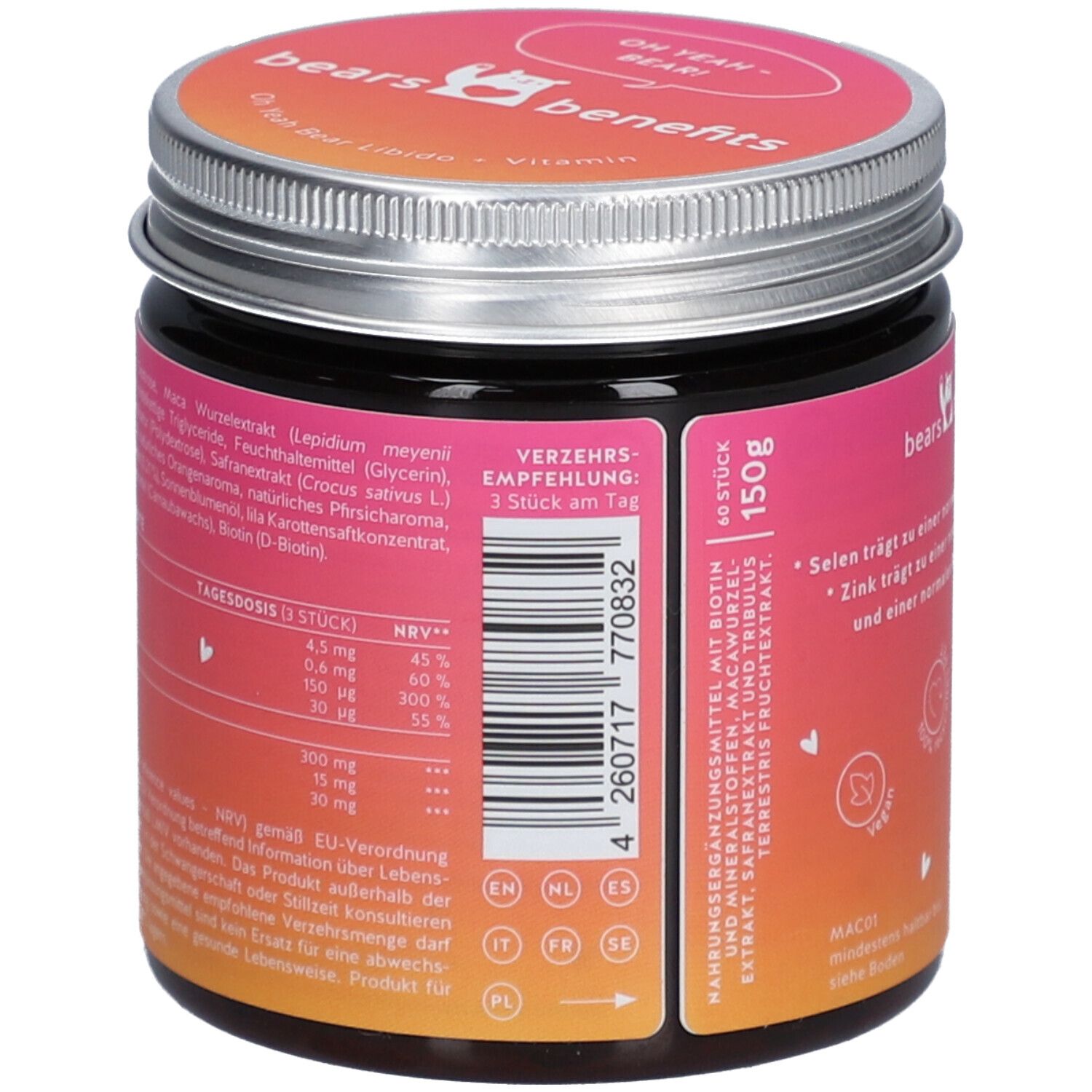 Dose mit rosa Etikett. Text: bears benefits. Enthält Inhaltsstoffe und Nährwertangaben. Verzehrempfehlung: 3 Stück pro Tag. 150g.