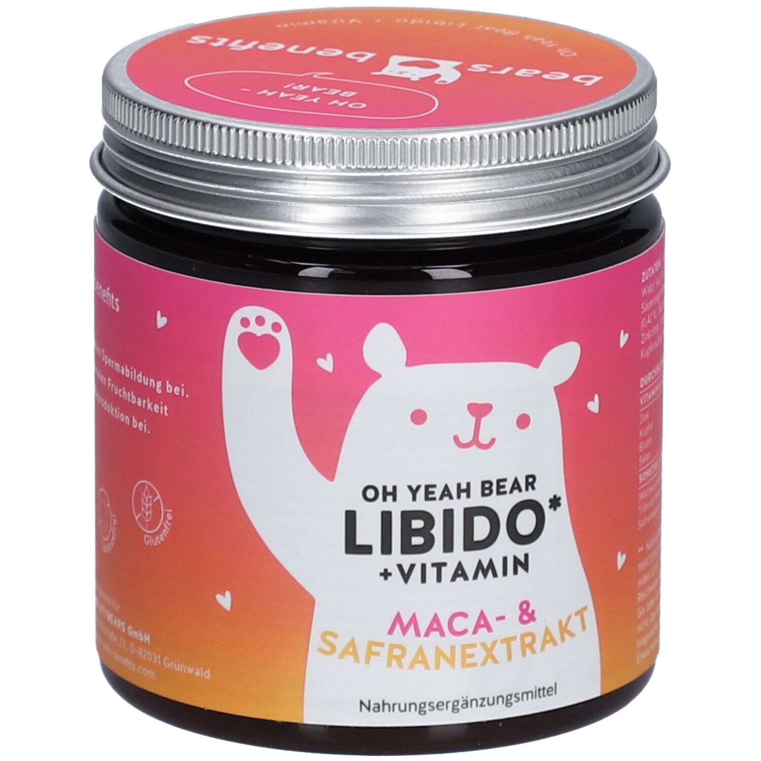 Dose mit rosa Etikett. Aufschrift: OH YEAH BEAR LIBIDO + VITAMIN. Enthält Maca- & Safranextrakt. Nahrungsergänzungsmittel.
