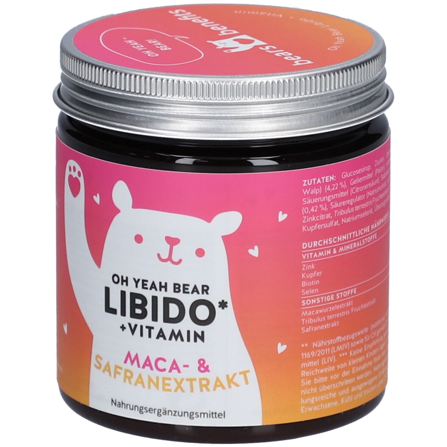 Dose mit rosa Etikett. Aufschrift: OH YEAH BEAR LIBIDO + VITAMIN. Enthält Maca- & Safranextrakt. Nahrungsergänzungsmittel.