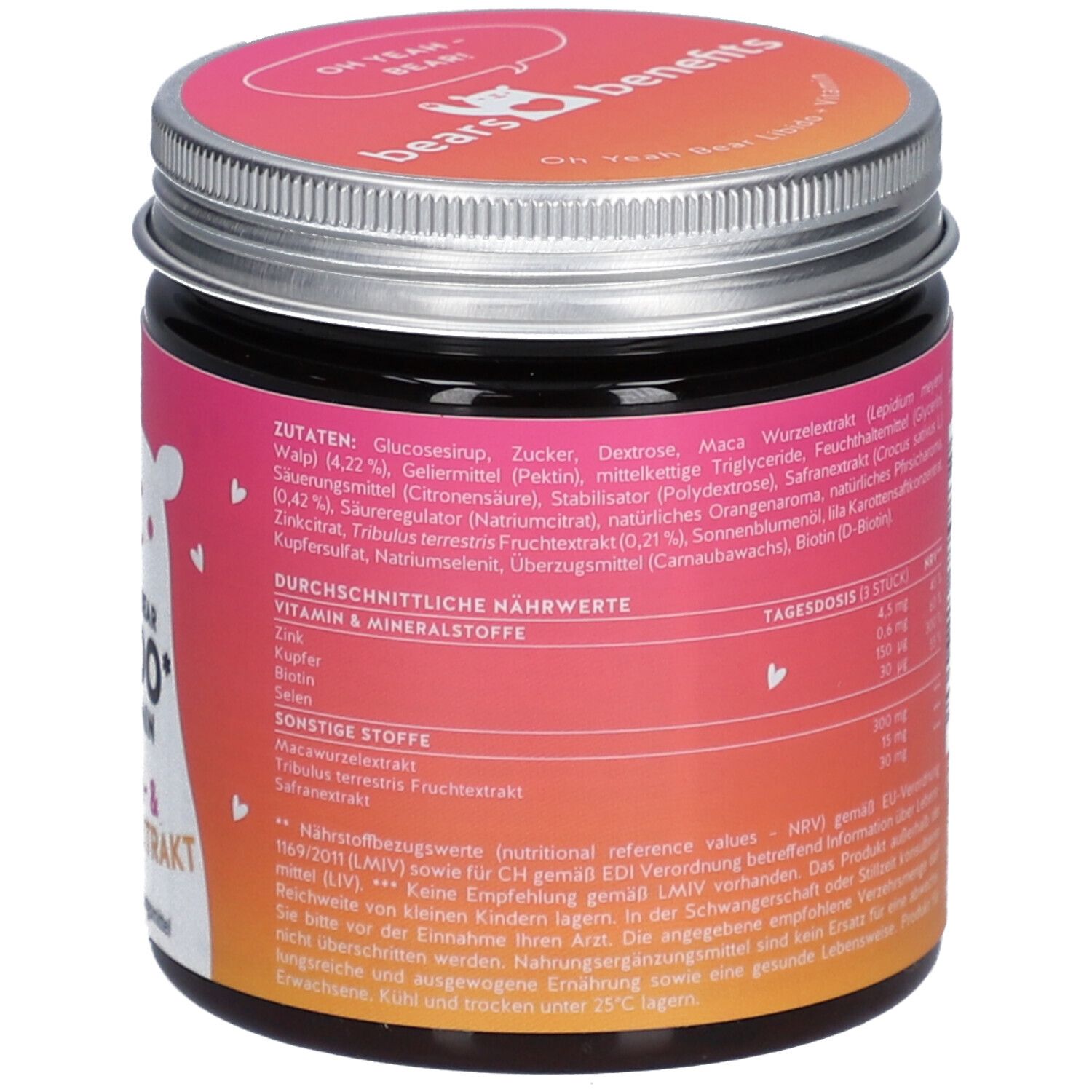 Rückseite der Dose. Text: bears benefits. Enthält Inhaltsstoffe und Nährwertangaben. 150g. Durchschnittliche Nährwerte.