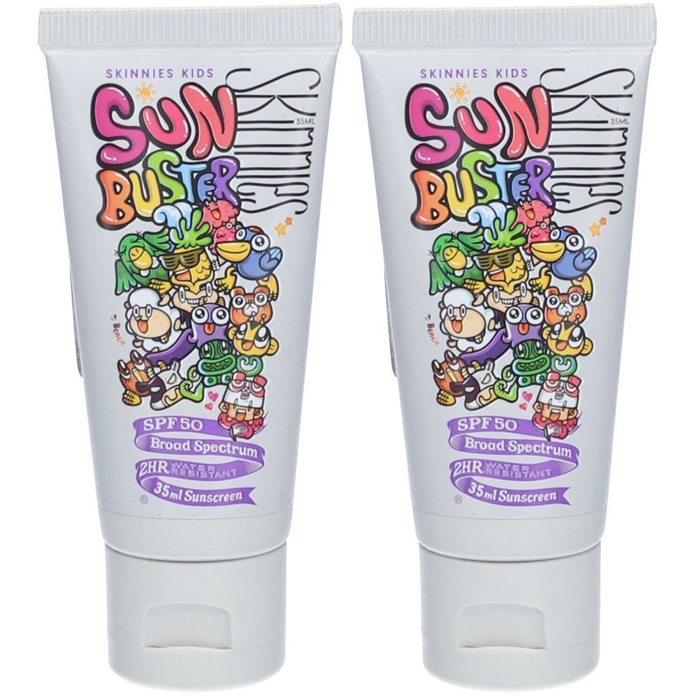 Zwei Tuben Sonnenschutzmittel. Aufschrift: SKINNIES KIDS SUN BUSTER SPF 50. Mit bunten Cartoon-Figuren. 35ml.