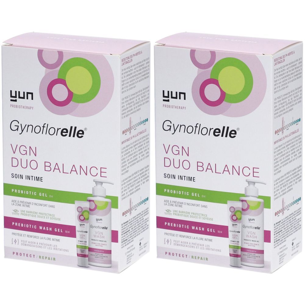 Zwei Kartons mit "Gynoflorelle VGN Duo Balance Soin intime". Aufdrucke: Logo, Produktname, Produktart, und weitere Informationen.