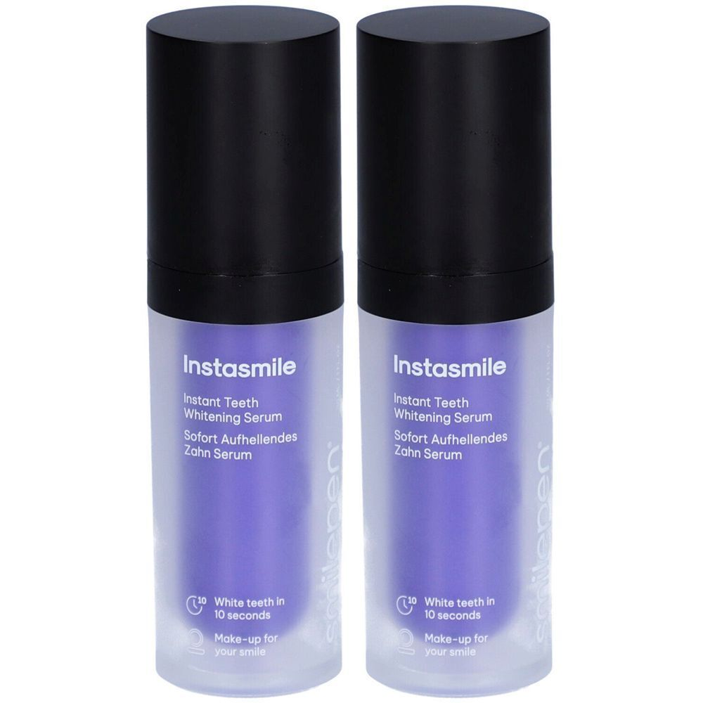 Zwei Flaschen Instasmile Instant Teeth Whitening Serum. Schwarze Kappe, weiß-lila Flasche. Text: Sofort Aufhellendes Zahn Serum.