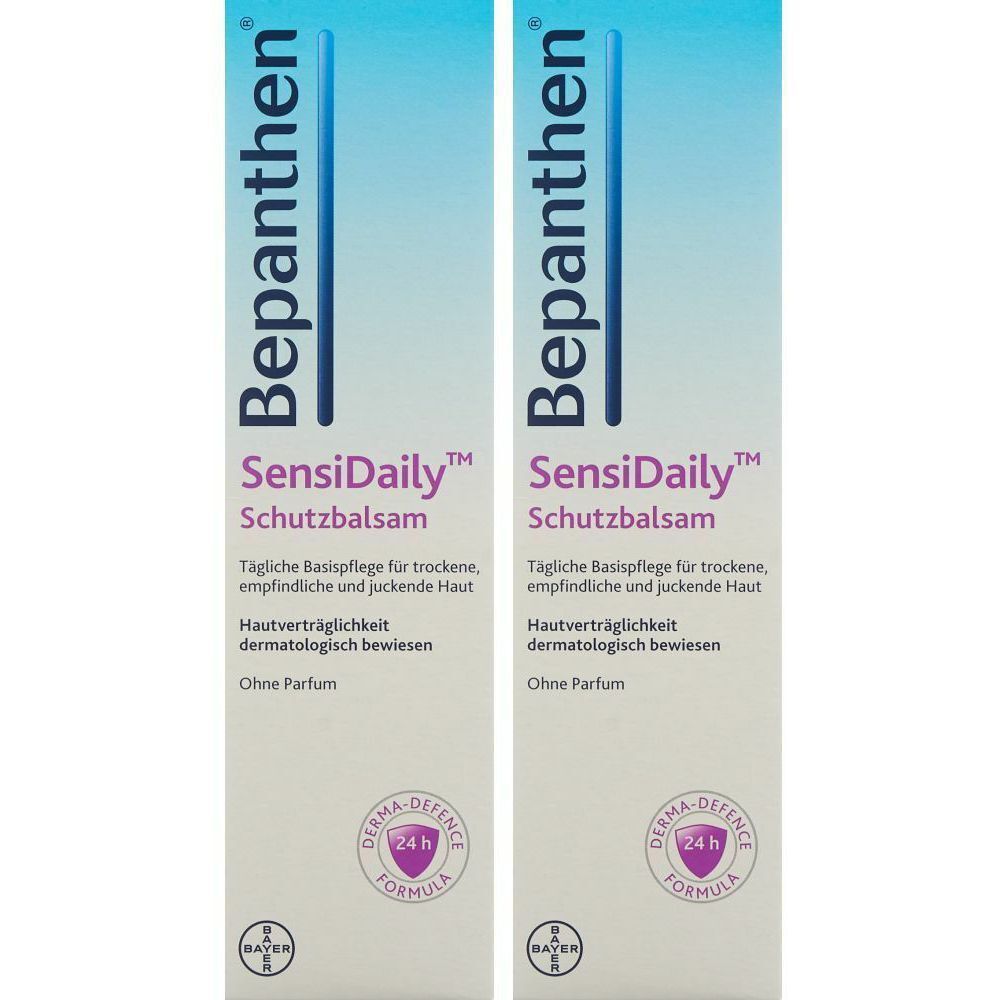 Zwei Tuben Bepanthen SensiDaily Schutzbalsam. Weiß, mit blauer Schrift. Text: Tägliche Basispflege für trockene, empfindliche und juckende Haut.