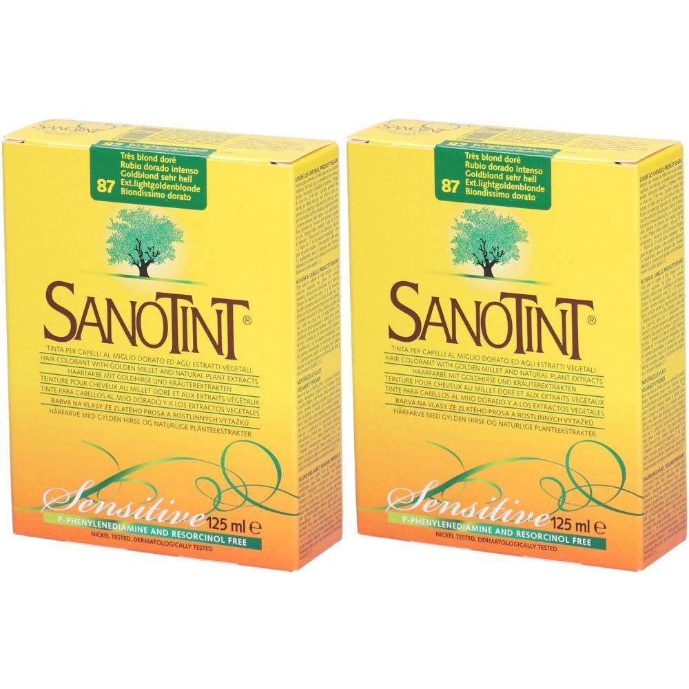 Zwei gelbe Kartons. Aufschrift SANOTINT, Sensitive, 125 ml. Grün-goldene Aufkleber mit Farbnummer 87.