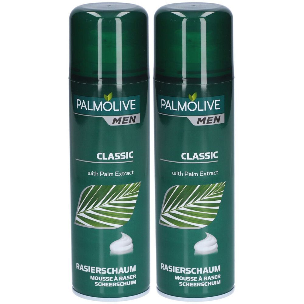 Zwei grüne Sprühdosen mit Rasiercreme. Aufschrift: PALMOLIVE MEN CLASSIC, mit Palmenextrakt. Unten: Rasierschaum, Mousse à raser, scheerschuim.