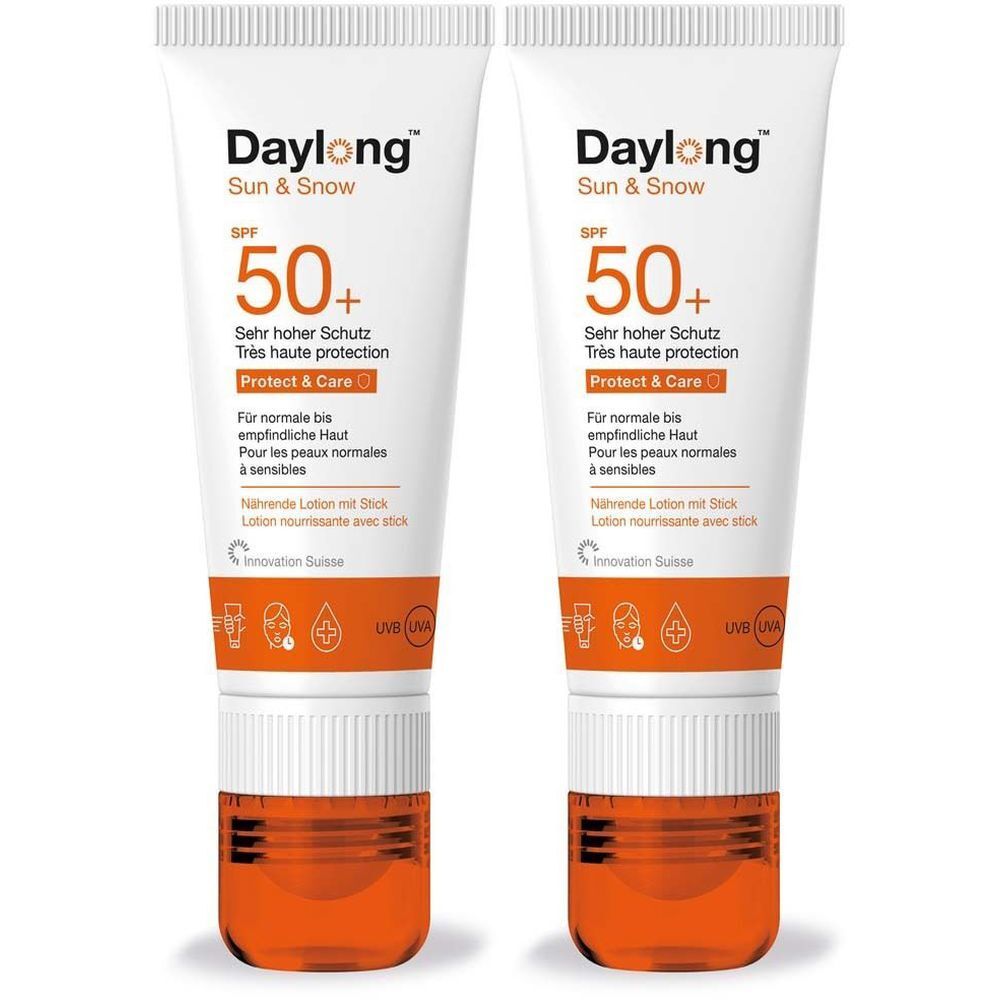 Zwei Tuben Sonnencreme. Aufschrift: Daylong Sun & Snow SPF 50+. Weiße Tube mit orangefarbenem Boden und Deckel. Text in Deutsch und Französisch.