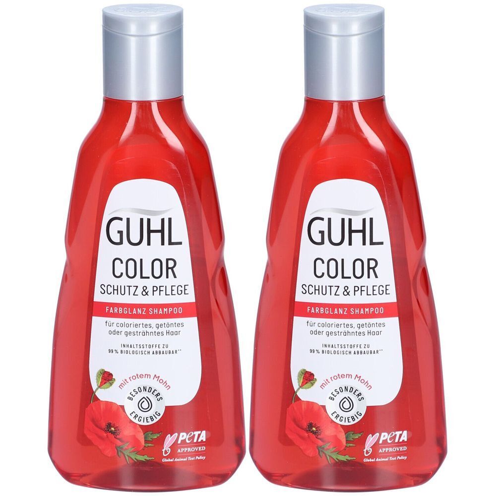 Zwei rote Flaschen GUHL Color Shampoo. Silberner Deckel, weißes Etikett mit Produktinformationen und Logo.