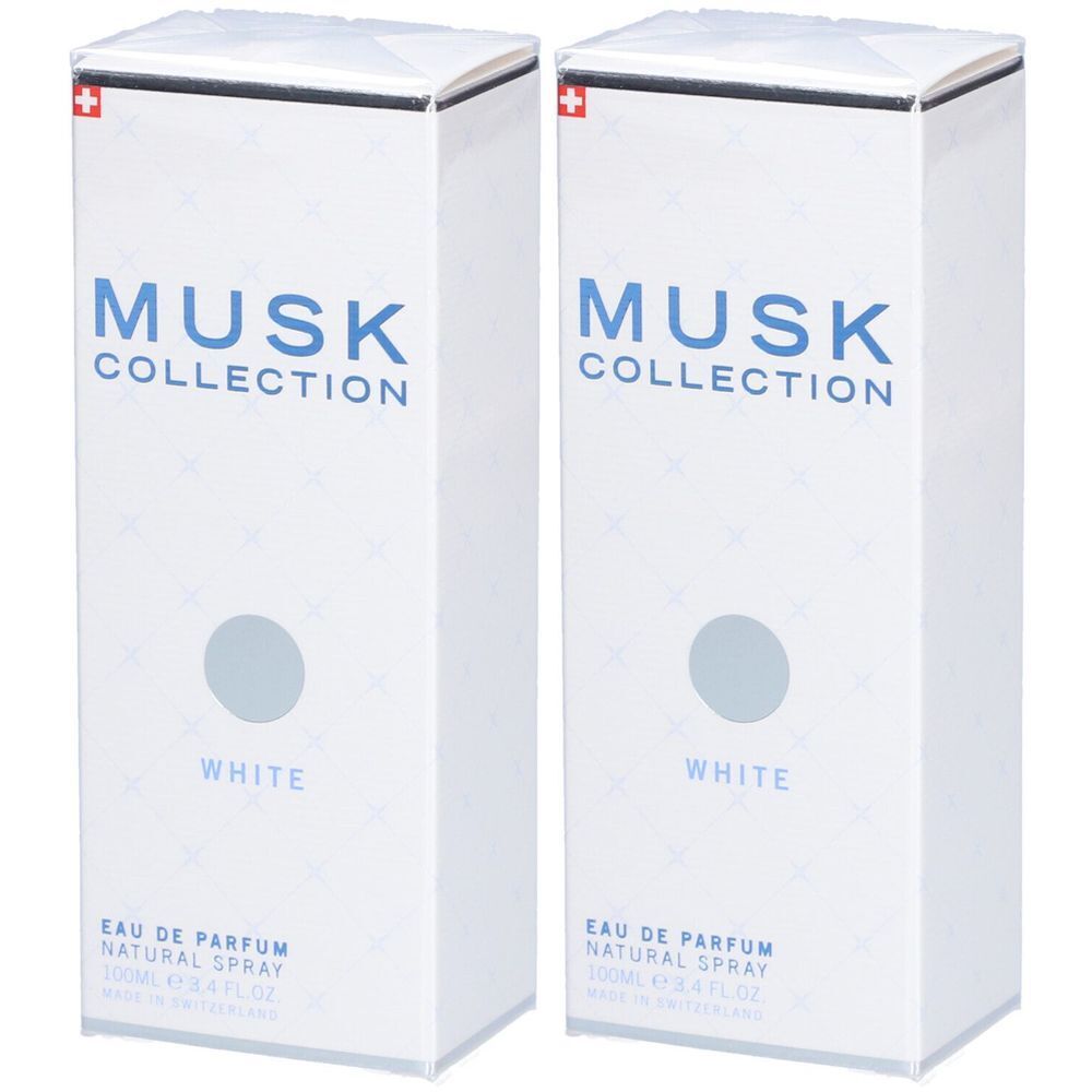 Deux boîtes blanches avec "MUSK COLLECTION" et "WHITE". Croix suisse en haut. "EAU DE PARFUM NATURAL SPRAY" est écrit en bas.