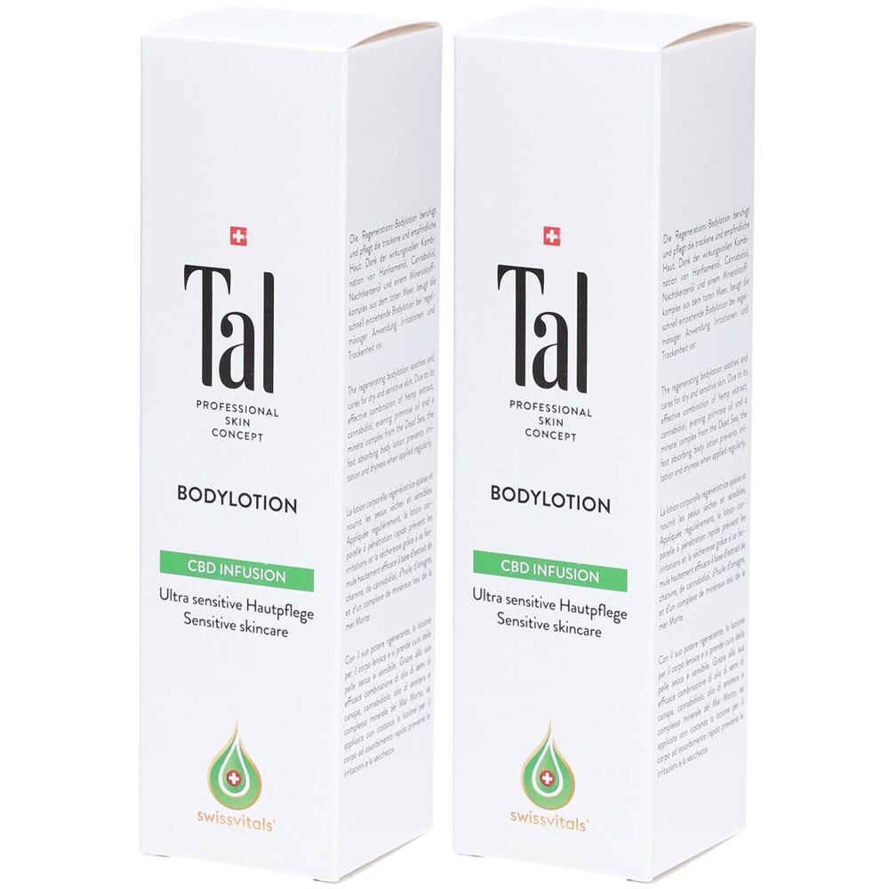 Zwei weiße Kartons mit "Tal" Logo, Bodylotion, CBD Infusion. Text: Ultra sensitive Hautpflege, Sensitive Skincare. Swissvitals Logo.