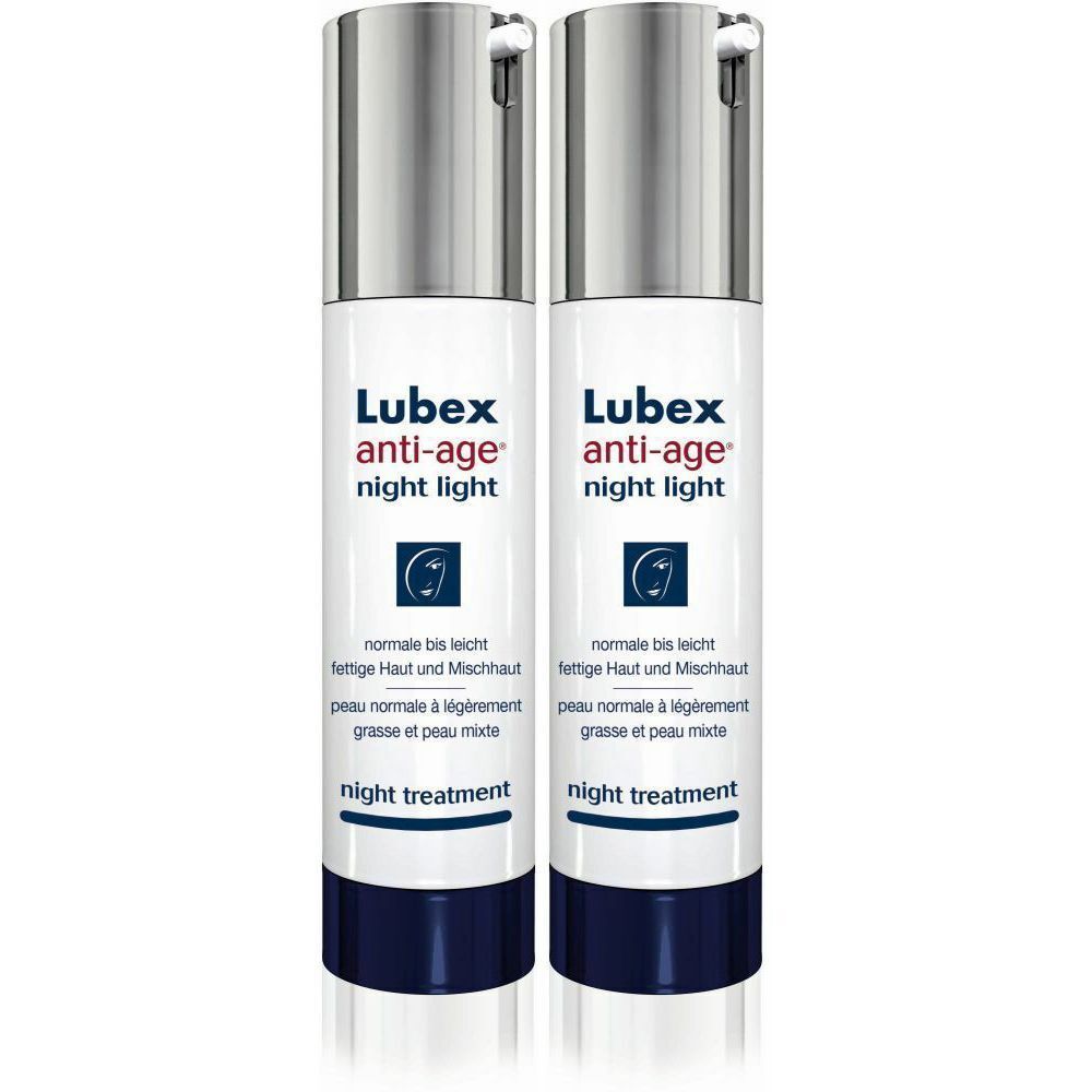 Zwei Flaschen Lubex anti-age night light. Weiße Flaschen mit silbernen Deckeln und blauen Böden. Text in Deutsch und Französisch.