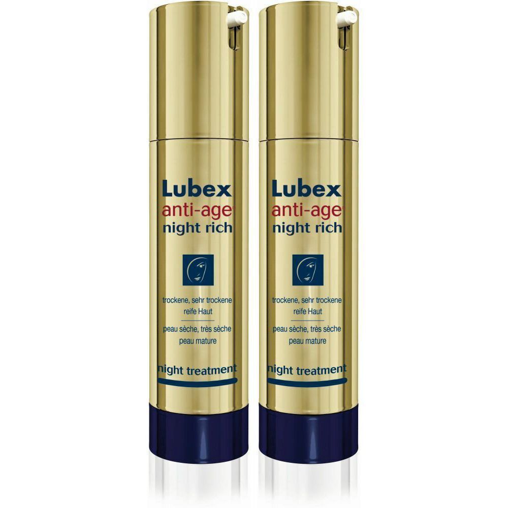 Twee goudkleurige flacons met blauwe bodems. Opschrift: Lubex anti-age night rich. Voor droge, zeer droge huid.