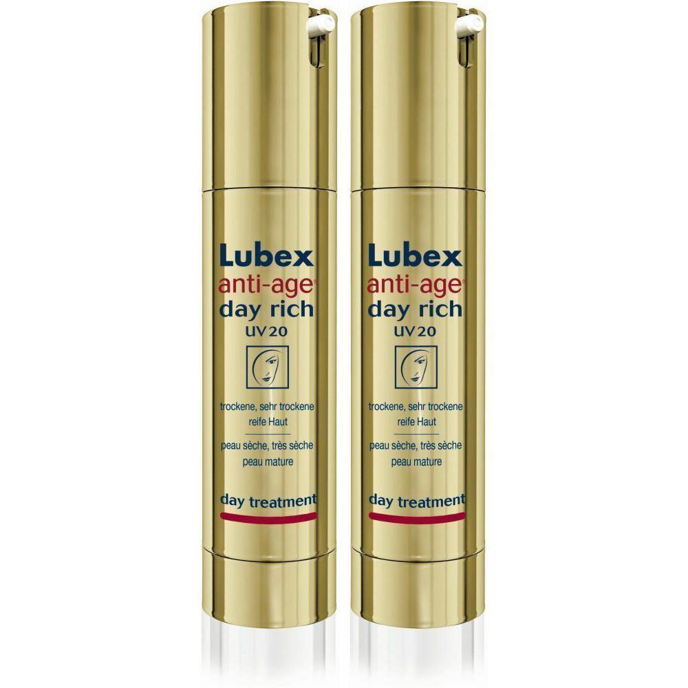 Twee goudkleurige flacons met de tekst "Lubex anti-age day rich UV20".