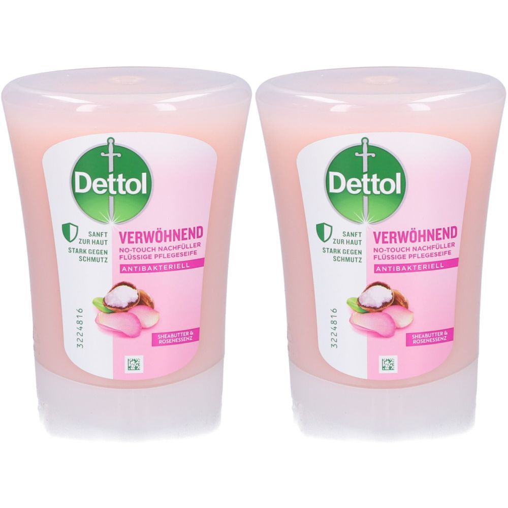 Deux recharges de savon liquide roses. L'étiquette porte la marque "Dettol" et le mot "Verwöhnend".