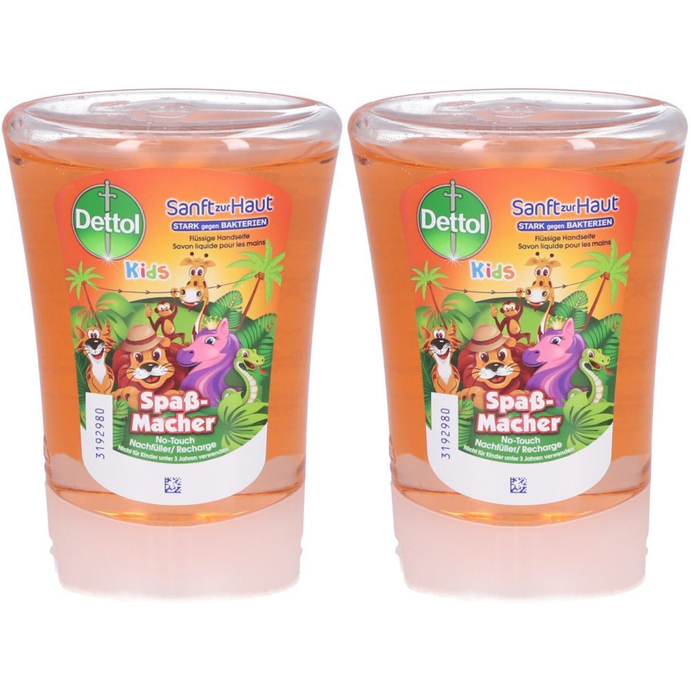 Deux flacons transparents avec liquide orange. Étiquettes avec logo Dettol et texte "Kids".