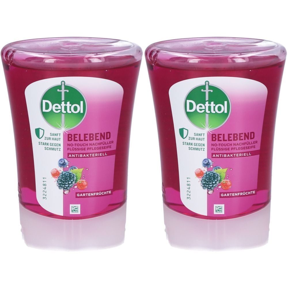 Deux recharges de savon liquide Dettol No-Touch. Liquide rose dans des flacons transparents. Inscription : BELEBEND, Gartenfrüchte, antibactérien.