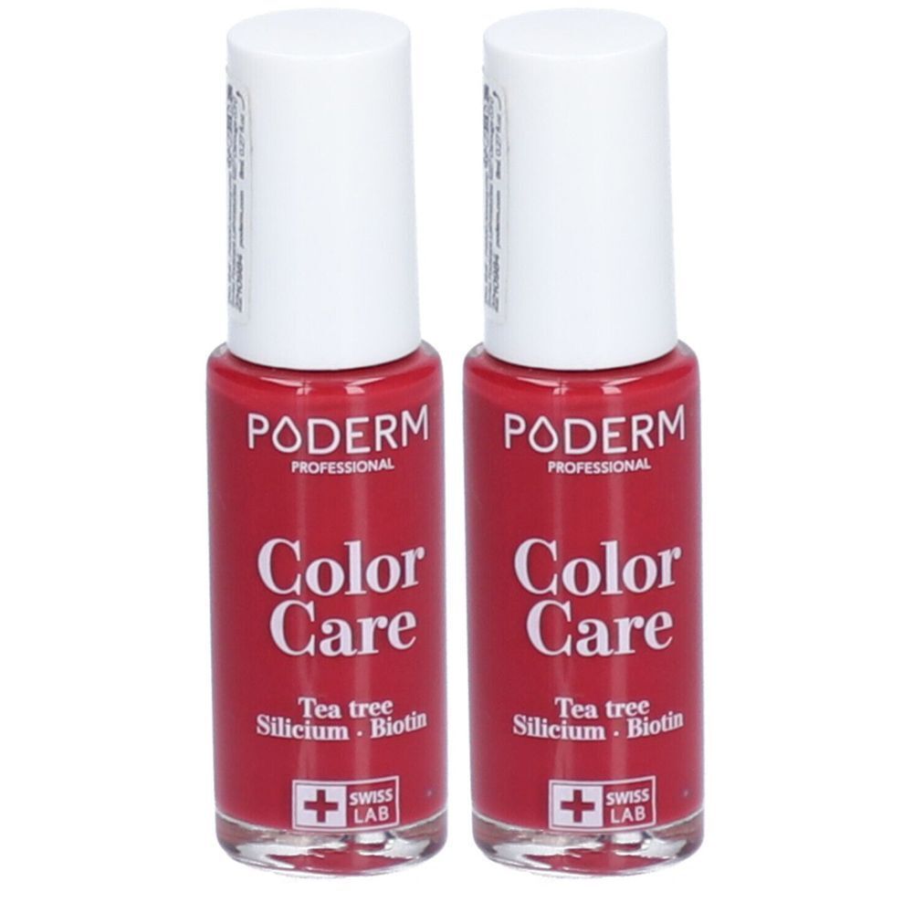 Deux flacons de vernis à ongles rouges avec bouchons blancs. Inscription: PODERM Color Care, Swiss Lab. Contient de l'arbre à thé, silicium, biotine.