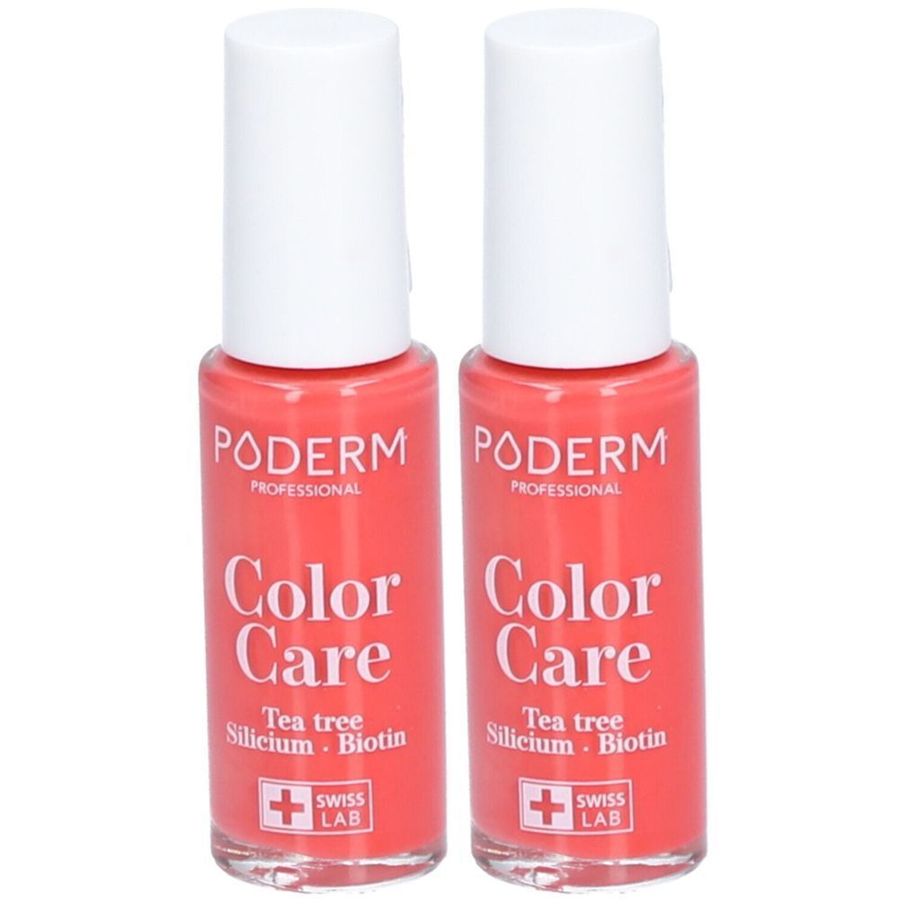 Deux flacons de vernis à ongles. Inscription : PODERM Color Care, Tea tree, Silicium, Biotin. Logo Swiss Lab.