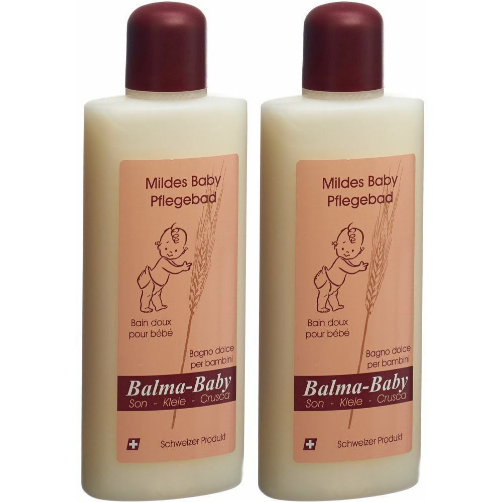 Zwei Flaschen Baby-Pflegebad. Aufschrift: Balma-Baby, Mildes Baby Pflegebad. Schweizer Produkt. Abbildung eines Babys.