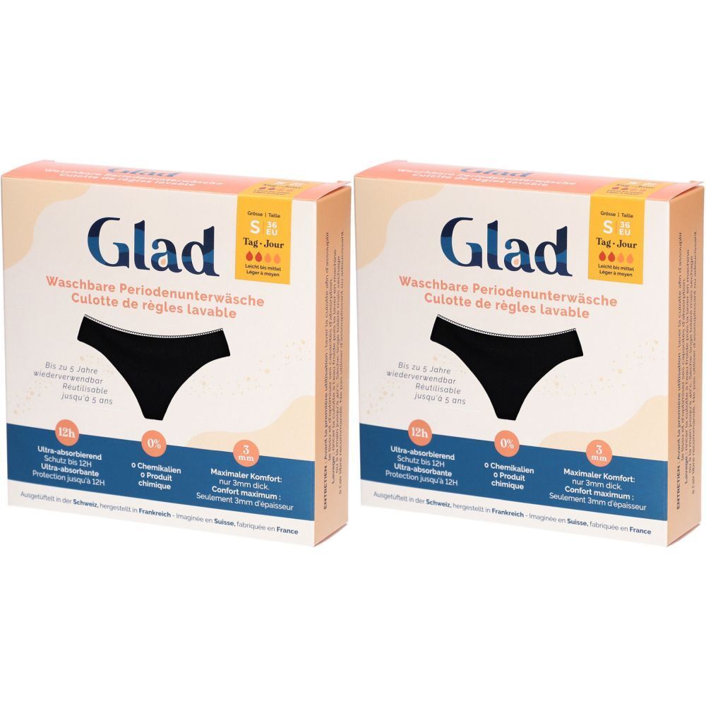 Zwei Produktverpackungen von Glad. Aufdruck: Waschbare Periodenunterwäsche, schwarze Culotte. Logos und Text in Deutsch und Französisch.