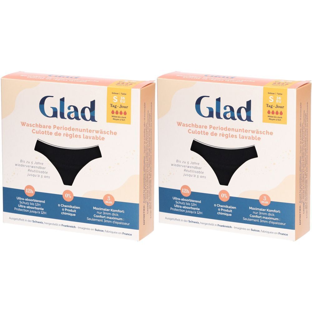 Deux boîtes de sous-vêtements menstruels Glad. Illustration de sous-vêtements noirs. Texte : Waschbare Periodenunterwäsche, Culotte de règles lavable.