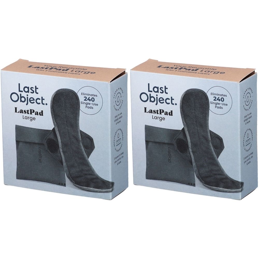 Zwei Kartons mit dem Produkt Last Object. Auf der Verpackung steht "LastPad Large". Gezeigt werden wiederverwendbare Pads.