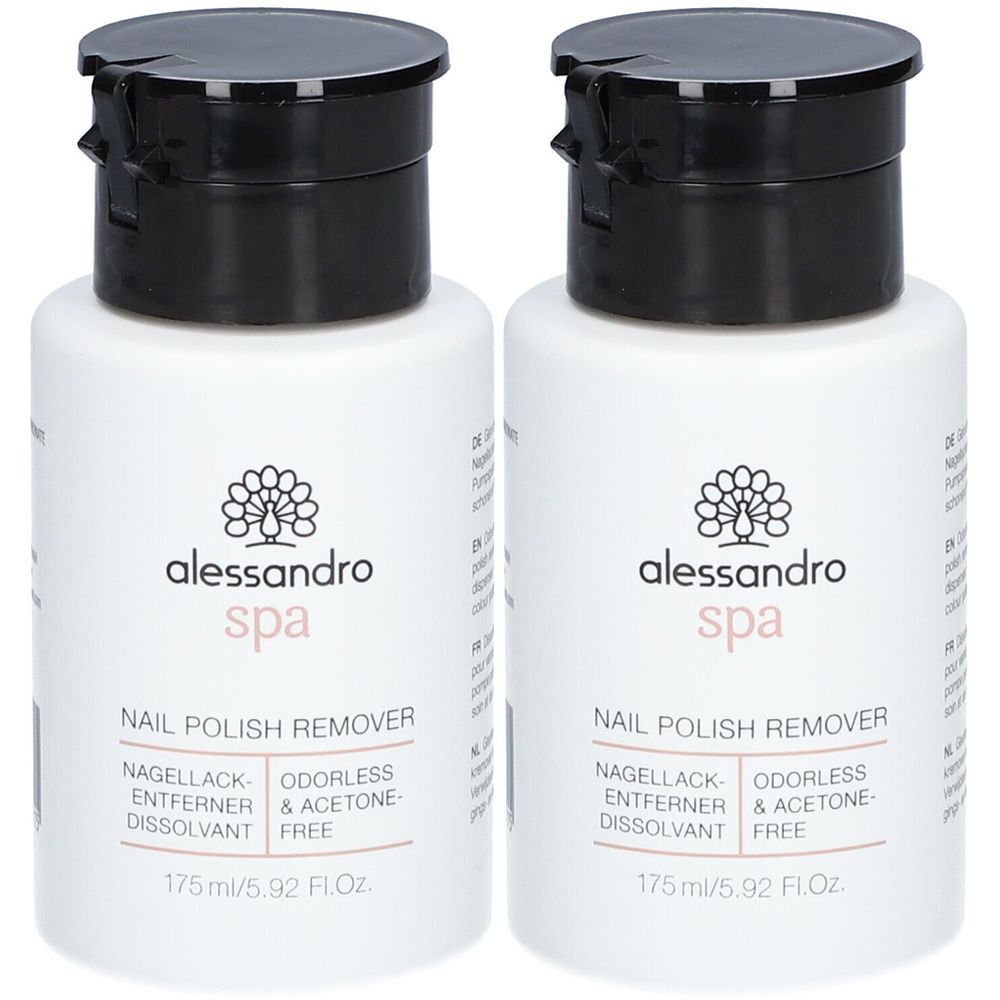 Zwei Flaschen alessandro Spa Nagellackentferner. Weiße Flaschen mit schwarzem Deckel. Aufschrift: Nail Polish Remover, geruchsfrei und acetonfrei.