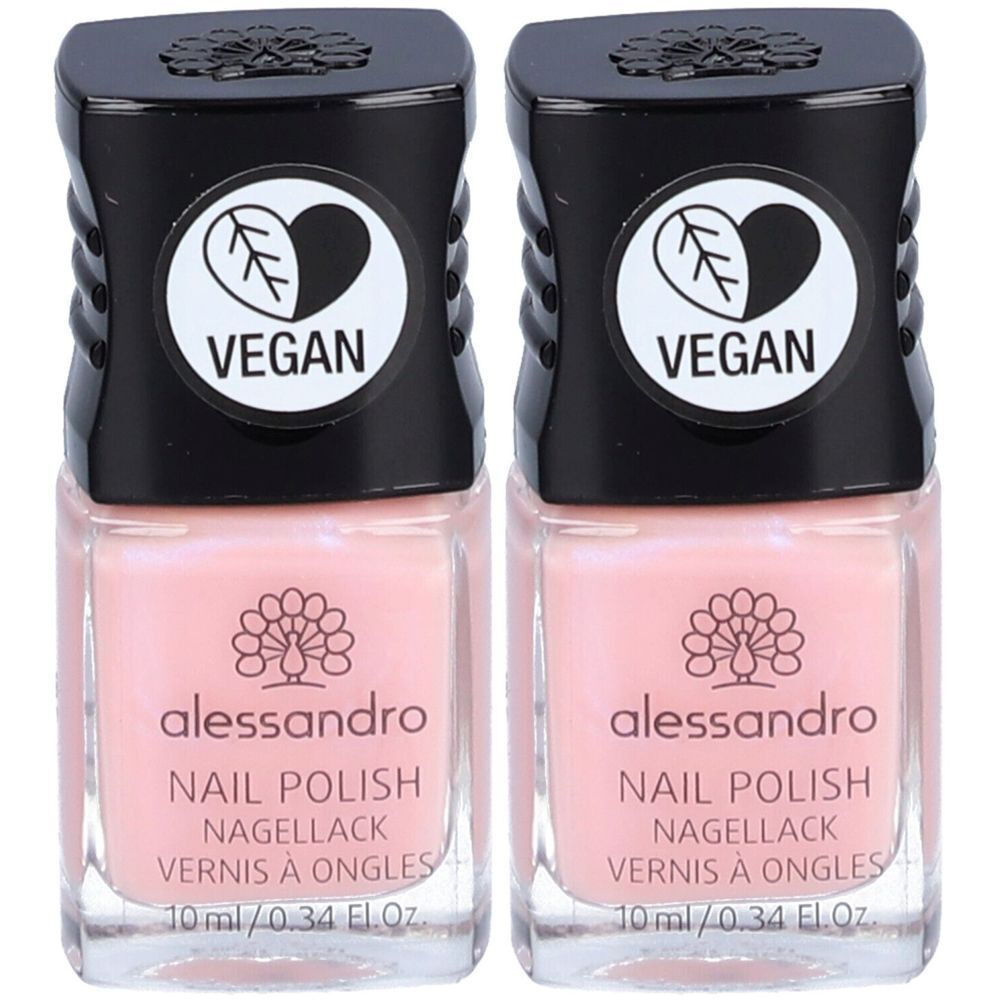 Zwei Flakons Nagellack Baby Pink. Schwarze Kappen mit Vegan-Logo. Marke: alessandro. Aufschrift: Nail Polish, 10 ml.