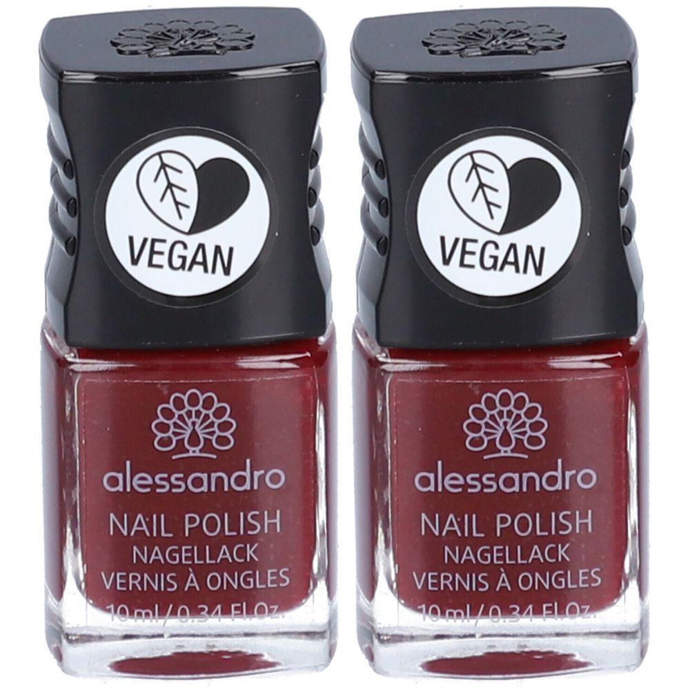 Zwei Flakons Nagellack, Velvet Red. Schwarzer Deckel mit Vegan-Siegel. Marke: alessandro. Aufschrift: Nail Polish, Vernis à Ongles.