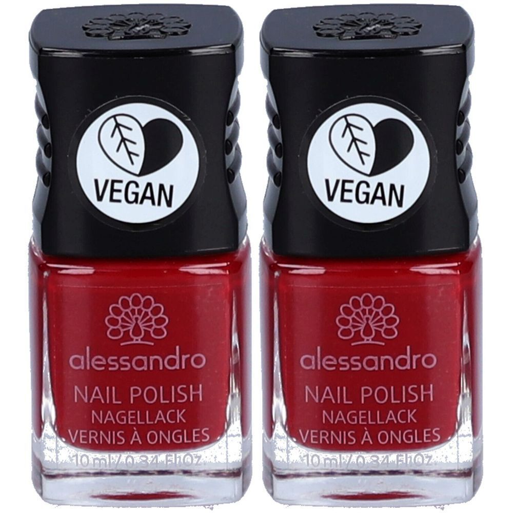 Deux flacons de vernis à ongles rouges. Bouchon noir avec logo Vegan. Marque: alessandro. Inscription: Vernis à Ongles, Nagellack.