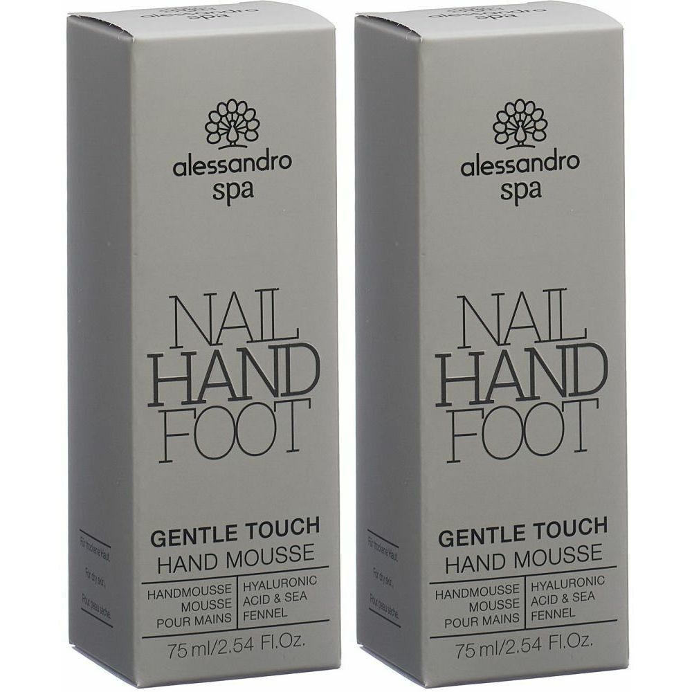Zwei graue Kartons mit "alessandro spa"-Logo und Text: "NAIL HAND FOOT GENTLE TOUCH HAND MOUSSE". 75 ml.