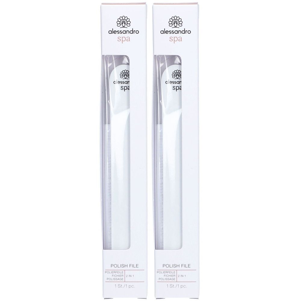 Zwei alessandro Spa Polierfeilen in weißer Verpackung. Aufdruck: alessandro spa, Polish File, 2 in 1 Polierer.