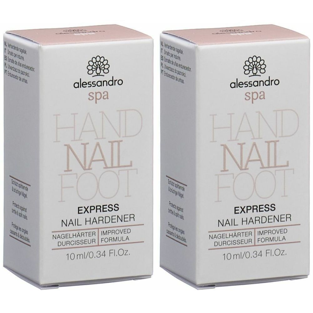 Zwei Kartons alessandro Spa Express Nagelverhärter. Weiß mit rosa Deckel. Text: Hand, Nail, Foot, Express, Nagelverhärter.