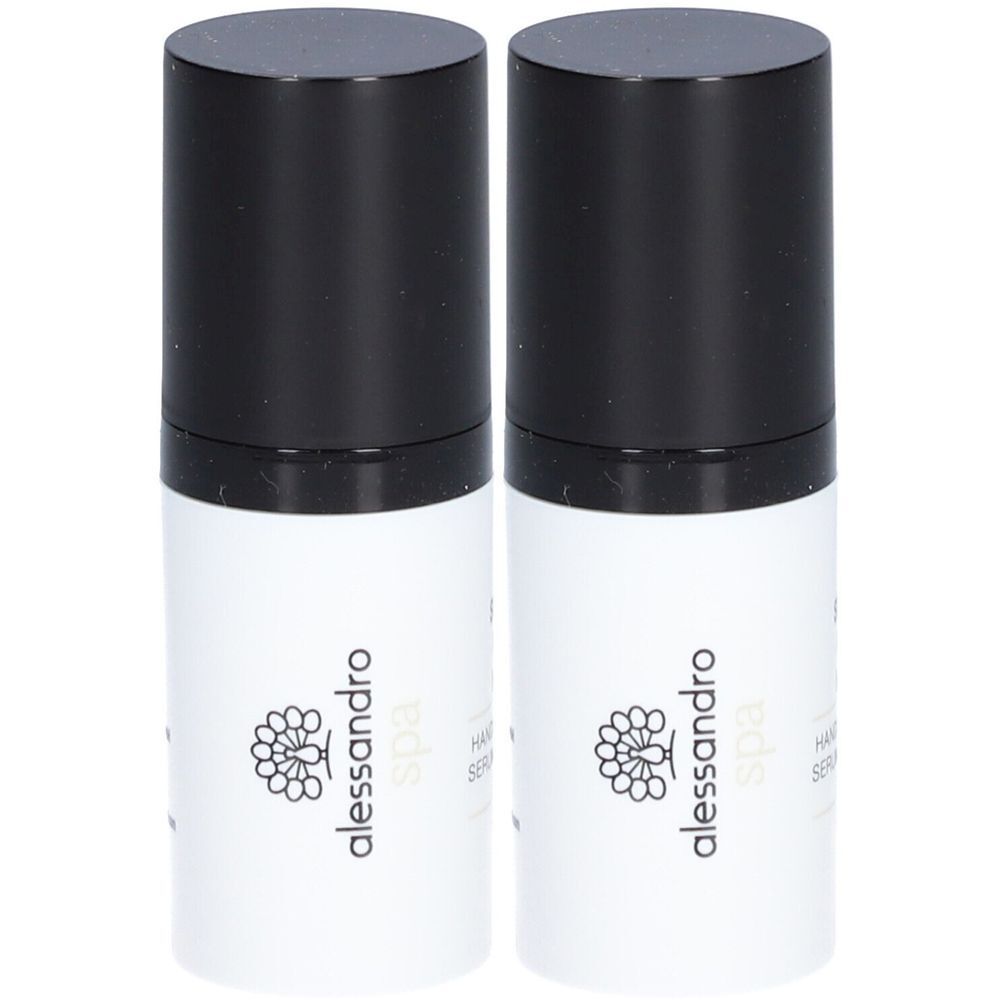 Zwei zylindrische Flaschen mit schwarzem Deckel. Auf weißem Etikett: alessandro spa, Logo, Hand Serum.