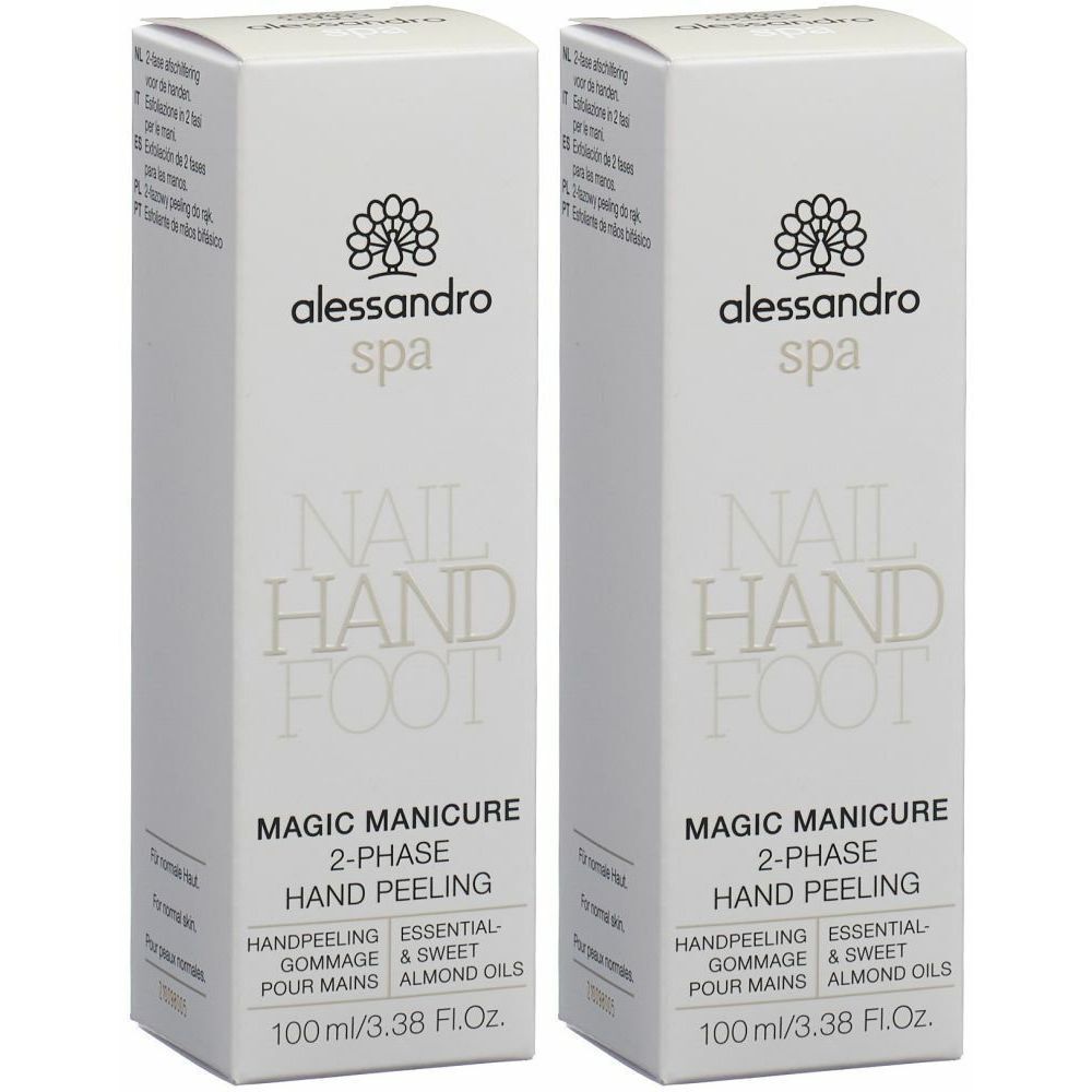 Zwei weiße Produktverpackungen. Aufschrift: alessandro spa, MAGIC MANICURE, 2-PHASE HAND PEELING. Enthält Mandelöle.