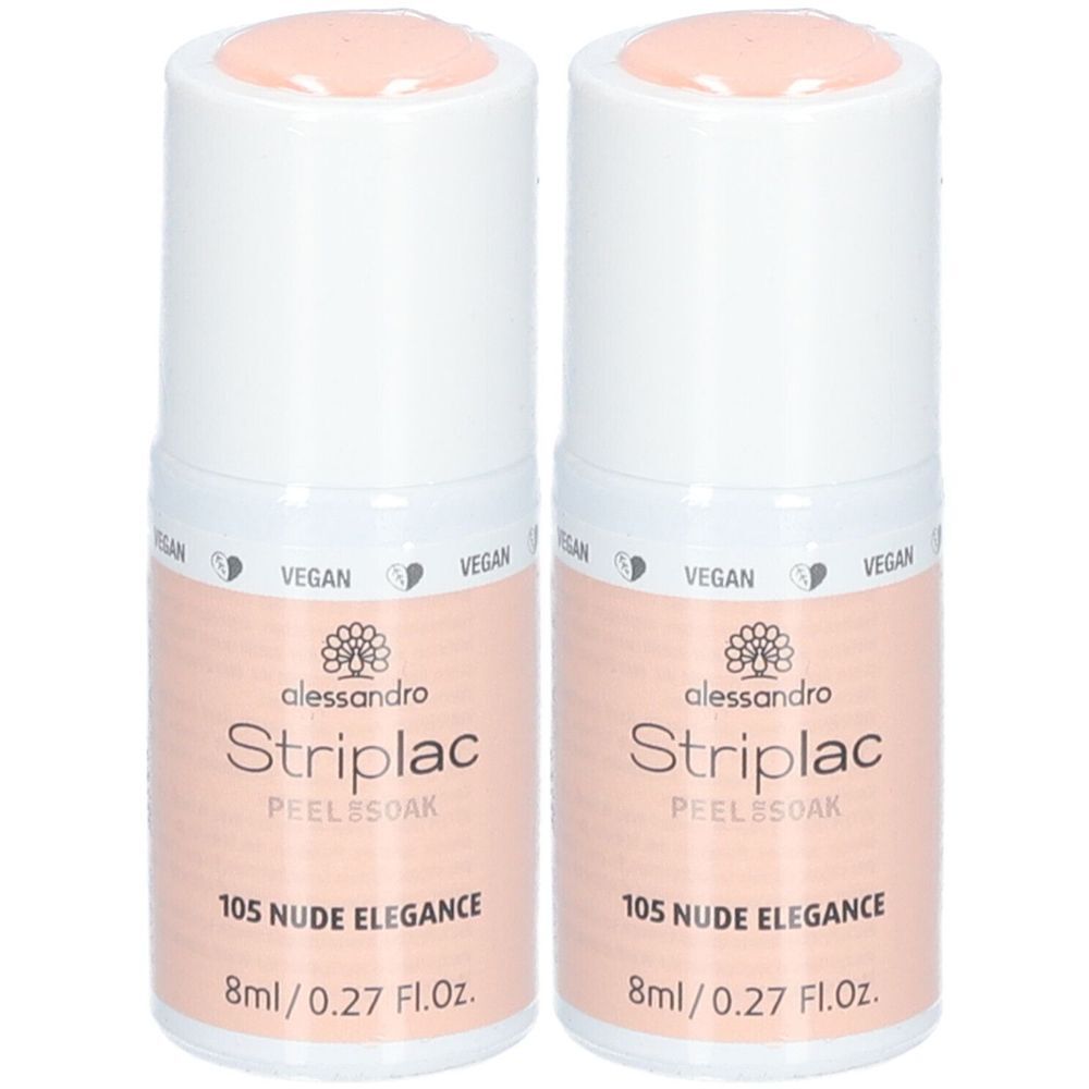 Zwei Flaschen Nagellack. Aufschrift: alessandro Striplac, 105 Nude Elegance, 8ml/0.27 Fl.Oz. Vegan-Siegel.