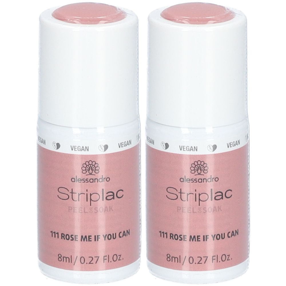 Zwei Flaschen Nagellack. Weißer Deckel, rosafarbener Inhalt. Aufschrift: alessandro Striplac, 111 Rose me if you can, 8ml/0.27 Fl.Oz.