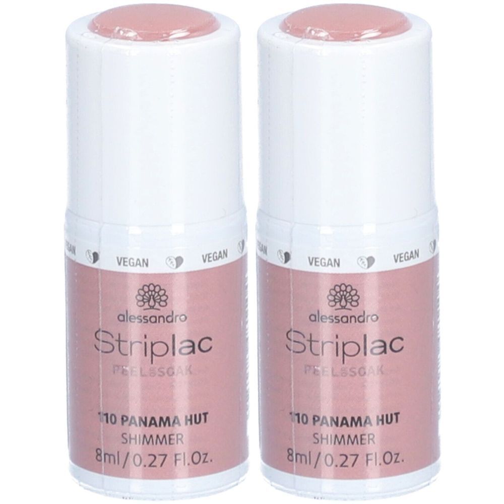 Zwei Flaschen alessandro Striplac Nagellack in Rosa. Aufschrift: 10 Panama Hut Shimmer, vegan.