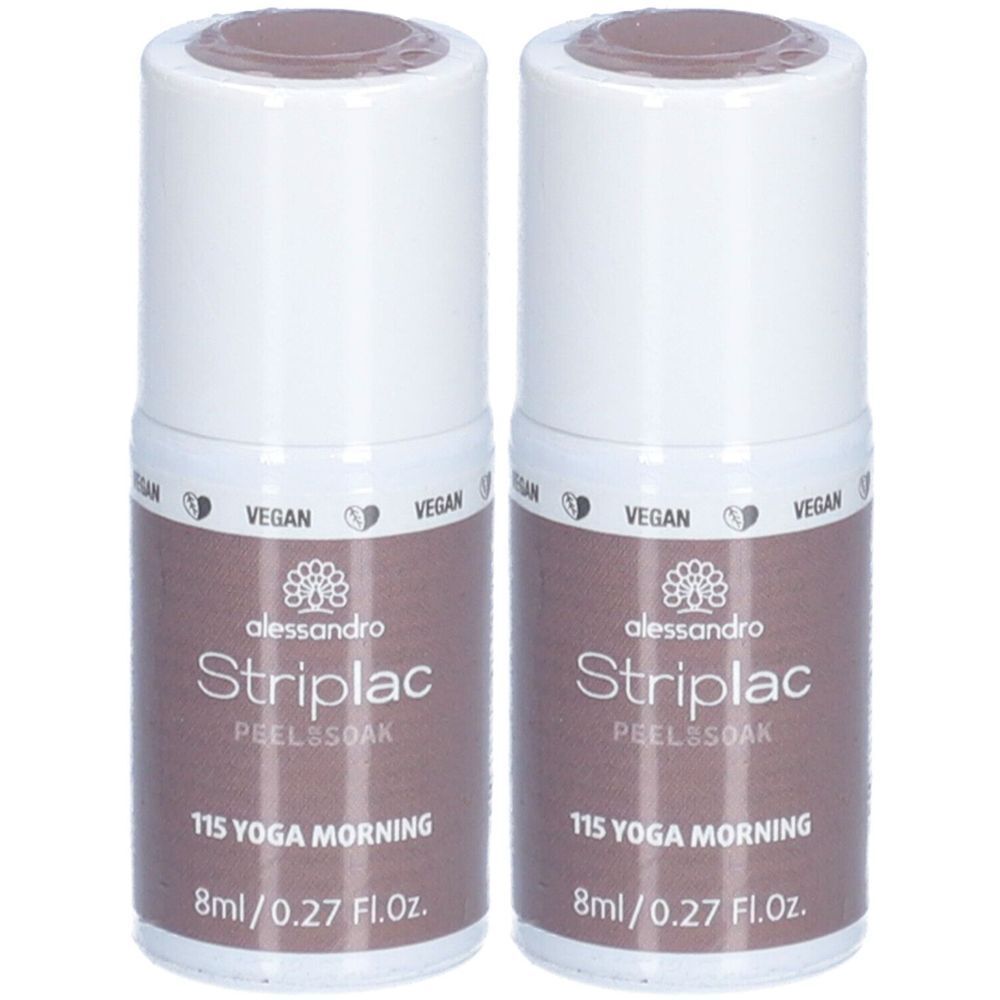 Zwei Flaschen alessandro Striplac. Aufschrift: 115 YOGA MORNING, 8ml/0.27 Fl.Oz. Mit Vegan-Siegel.