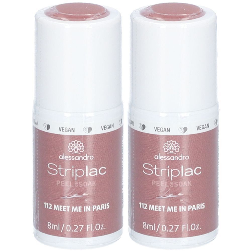 Zwei Flaschen alessandro Striplac Nagellack, Farbe 112 Meet Me in Paris. Weiße Kappe, rosafarbener Lack, vegan.