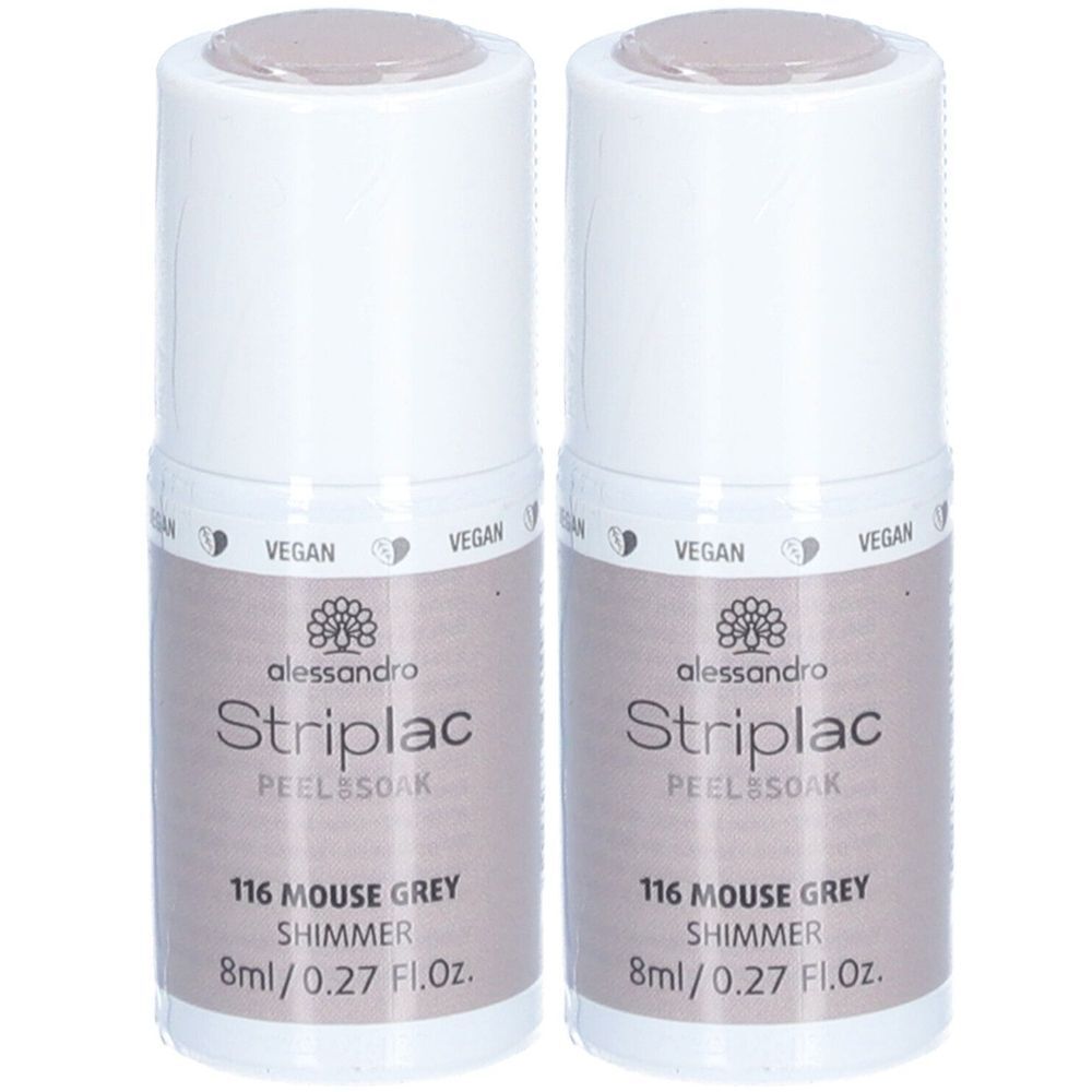 Zwei Flaschen Nagellack. Aufschrift: alessandro Striplac, 116 Mouse Grey, Shimmer, 8ml/0.27 Fl.Oz. Vegan-Siegel.