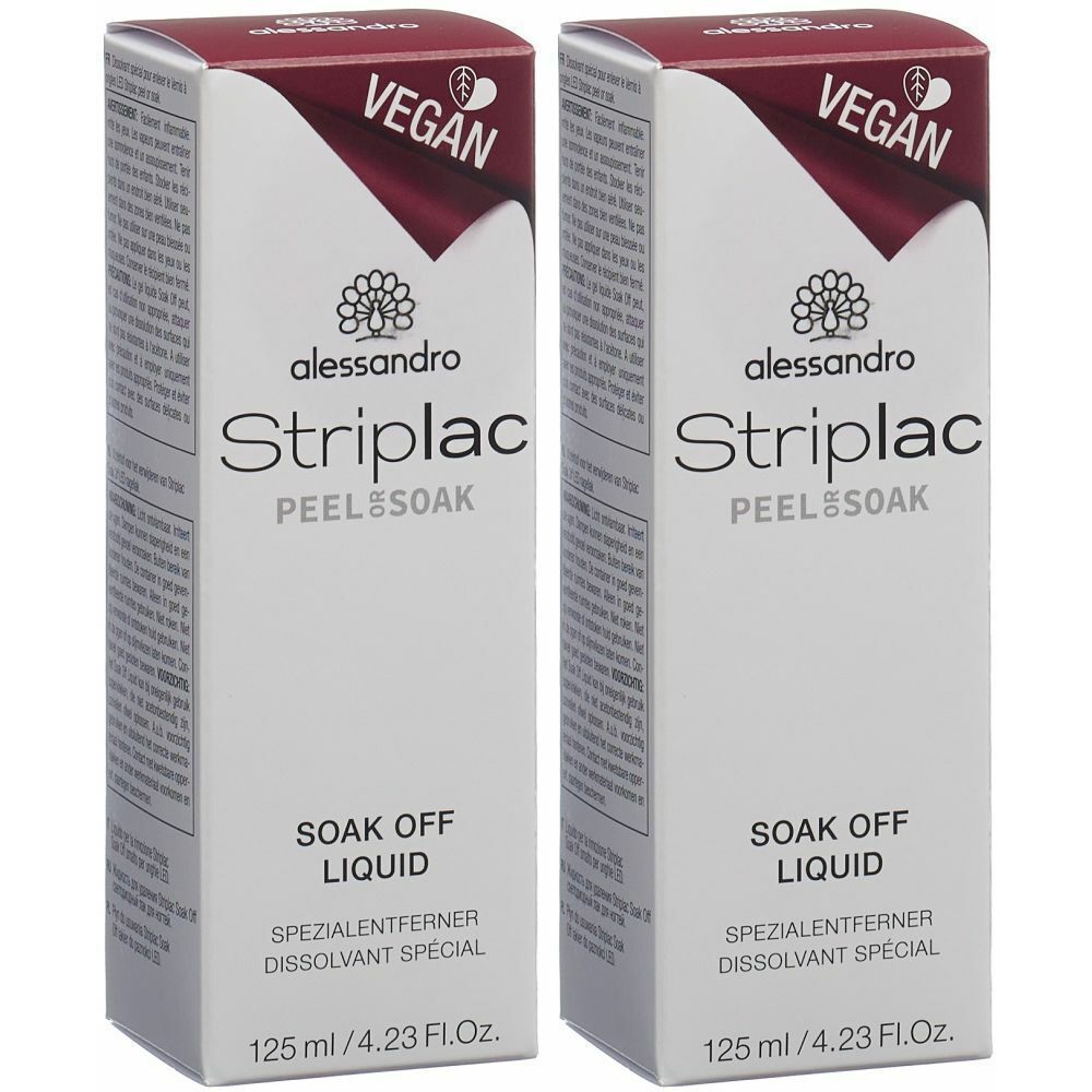 Zwei identische Kartons mit "alessandro Striplac Peel & Soak". Aufschrift "SOAK OFF LIQUID" und "VEGAN". Volumen: 125 ml.