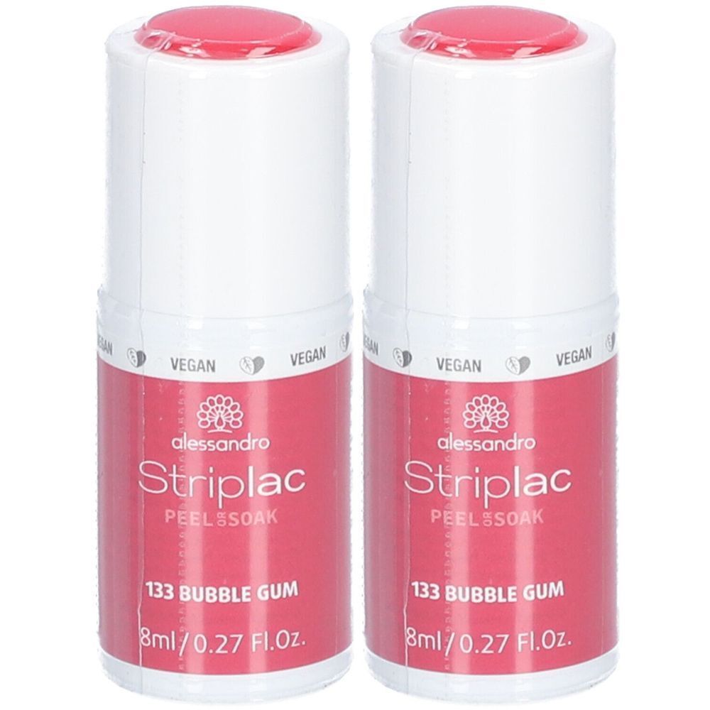 Zwei Flaschen alessandro Striplac in Bubble Gum. Weißer Deckel, rosa Flasche mit Aufschrift. Vegan-Siegel.